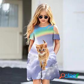 Kids Little Girls Dress Rainbow Cat Animal Daily Holiday