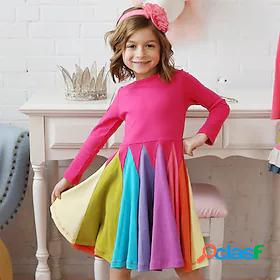 Kids Little Girls Dress Rainbow Striped Color Block Fuchsia