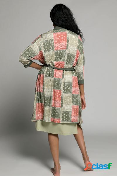 Kimono con stampa in stile patchwork, scollo a V e maniche a