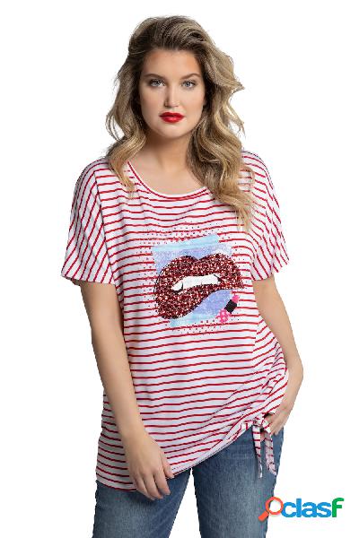 Maglia oversize a righe con disegno di bacio, nodo sullorlo