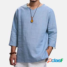 Mens Shirt Solid Color Collar V Neck Causal Daily Wear 3/4
