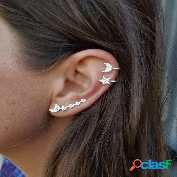 Moda 3 pezzi orecchini argento oro orecchio clip Moon Star