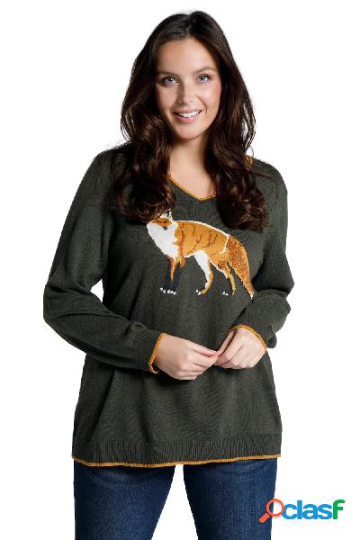Pullover con volpe, scollo a V, maniche lunghe e orli