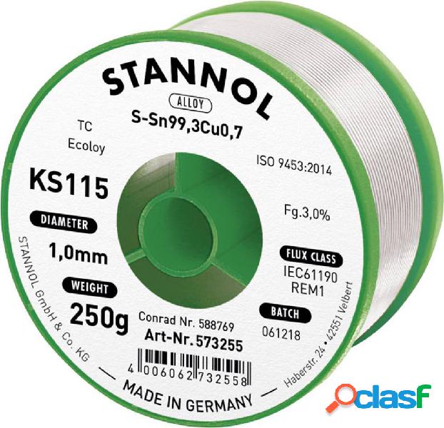 Stannol KS115 Stagno senza piombo Bobina Sn99,3Cu0,7 250 g 1