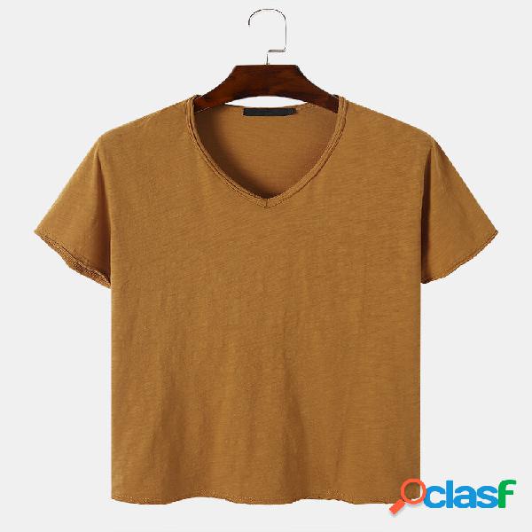 T-shirt casual da uomo in 100% cotone con pieghe V Collo