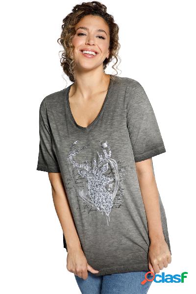 T-shirt con cervo in paillettes, scollatura a V e mezze