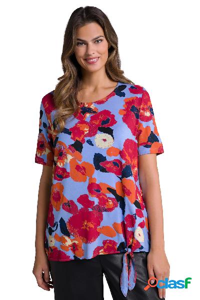 T-shirt con fiori, nodo sullorlo, scollo a girocollo e mezze