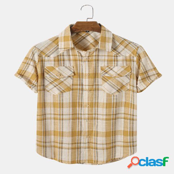 Uomo Cotone Plaid Cuciture Doppia Tasca Manica Corta Collo