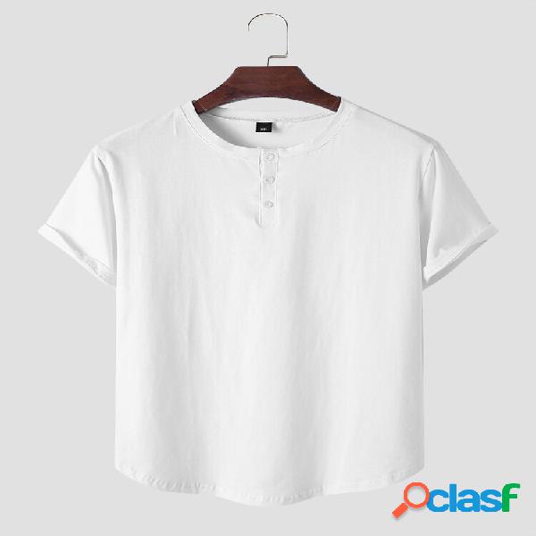 Uomo Solid Half Pulsanti O Collo Soft T-shirt casual