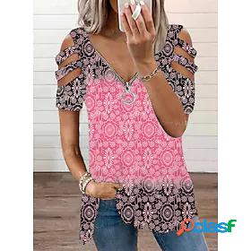 Womens Blouse Eyelet top Boho Snowflake V Neck Quarter Zip