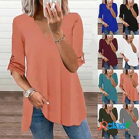 Womens Blouse Shirt Basic V Neck Modern Plain Puff Balloon V