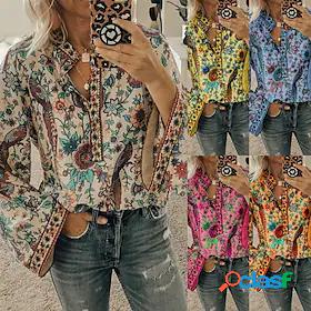 Womens Blouse Shirt Boho Floral Round Neck Button Print