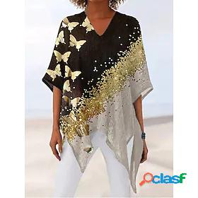 Womens Blouse Shirt Butterfly Butterfly V Neck Asymetric Hem
