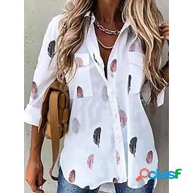 Womens Blouse Shirt Graphic Feather Shirt Collar Pocket