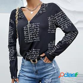 Womens Blouse Shirt Letter V Neck Quarter Zip Print Basic