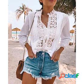 Womens Blouse Shirt Plain Standing Collar See Through Lace