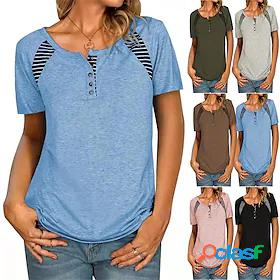 Womens Blouse T shirt Color Block Button Modern Striped