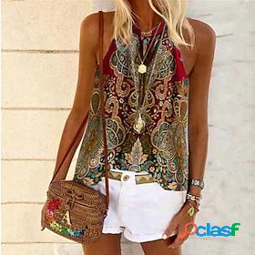 Womens Blouse Tank Top Geometric Round Neck Boho Tops Blue