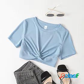 Womens Crop Tshirt Plain Round Neck Basic Tops Polyster