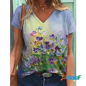 Womens Floral Theme Painting T shirt Floral Graphic Print V