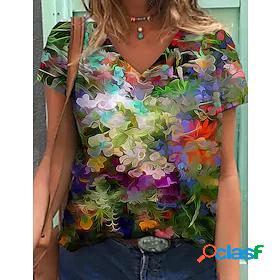 Womens Floral Theme T shirt Floral Graphic Print V Neck Tops