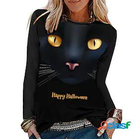 Womens Halloween T shirt 3D Cat Painting Long Sleeve Cat 3D