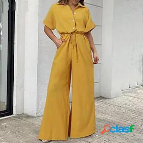 Womens Jumpsuit Solid Color Drawstring Casual Shirt Collar