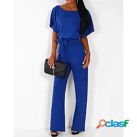 Womens Jumpsuit Solid Colored Drawstring Basic Round Neck