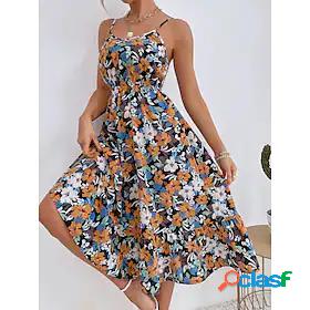 Womens Knee Length Dress Strap Dress Brown Sleeveless Print