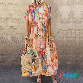 Womens Maxi long Dress Shift Dress Orange Short Sleeve Print
