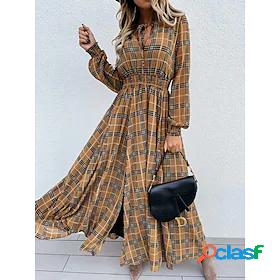 Womens Maxi long Dress Swing Dress khaki Long Sleeve Lace up