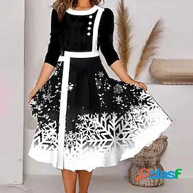 Womens Midi Dress A Line Dress Black 3/4 Length Sleeve Print