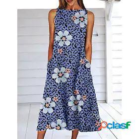 Womens Midi Dress A Line Dress Blue Short Sleeve Print Print