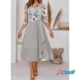 Womens Midi Dress A Line Dress Gray Half Sleeve Mesh Print