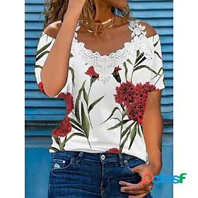 Womens Off Shoulder Lace Daily Flower / Floral T-shirt