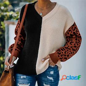 Womens Pullover Sweater Leopard Print Color Block Modern