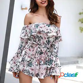 Womens Romper Floral Print Casual Off Shoulder Baggy Shorts