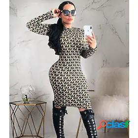 Womens Sheath Dress Brown Long Sleeve Print Geometric Round