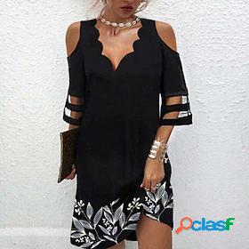 Womens Short Mini Dress A Line Dress Black 3/4 Length Sleeve