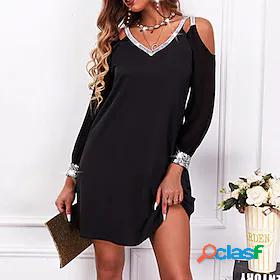 Womens Short Mini Dress A Line Dress Black Long Sleeve