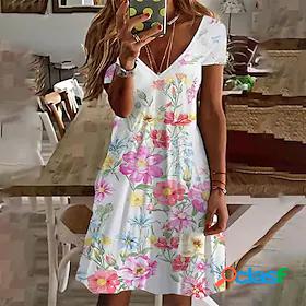Womens Short Mini Dress A Line Dress White Pink Short Sleeve