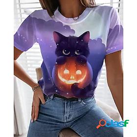 Womens T shirt 3D Cat Painting Cat 3D Pumpkin Round Neck