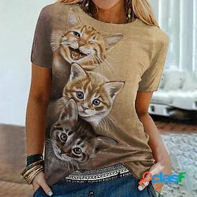 Womens T shirt 3D Cat Painting Cat 3D Round Neck Print Basic