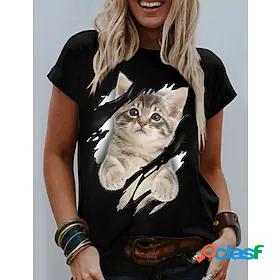 Womens T shirt 3D Cat Painting Cat 3D Round Neck Print Basic