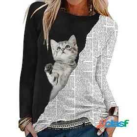 Womens T shirt 3D Cat Painting Cat Color Block 3D Round Neck