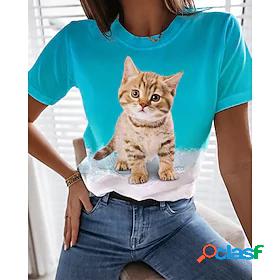 Womens T shirt 3D Cat Painting Cat Color Block 3D Round Neck