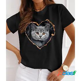 Womens T shirt 3D Cat Painting Cat Heart Round Neck Print