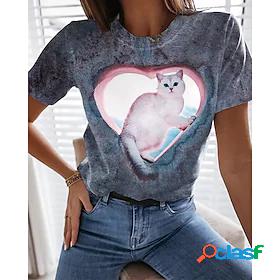 Womens T shirt 3D Cat Painting Cat Heart Round Neck Print