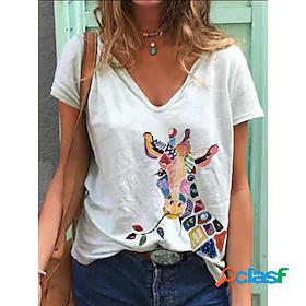 Womens T shirt Animal Print V Neck Basic Tops Cotton White