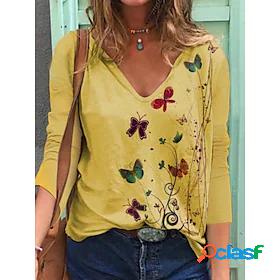 Womens T shirt Butterfly Long Sleeve Print V Neck Basic Tops